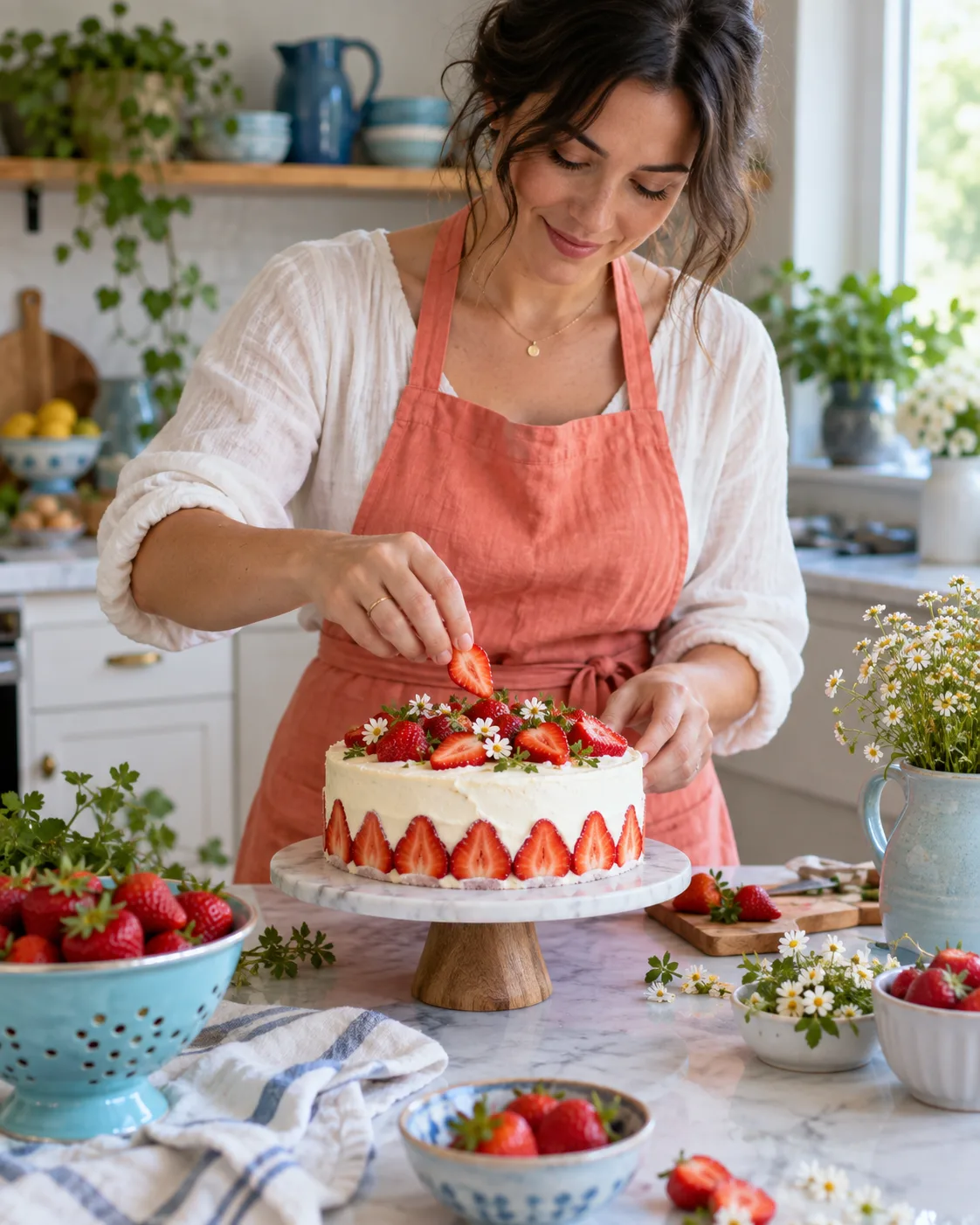 Imagem gerada: criadora decorando um bolo com morangos