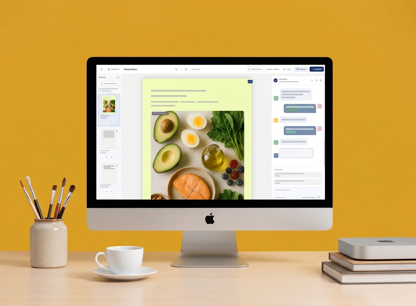 Vista ilustrativa do editor de e-books com um livro de receitas no computador