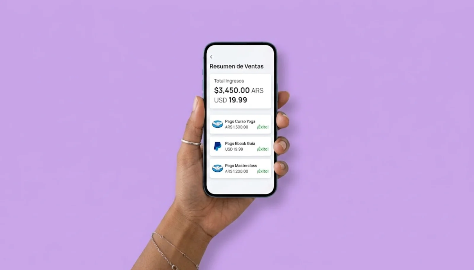 Celular com um exemplo de pagamentos recebidos pelo Mercado Pago e PayPal