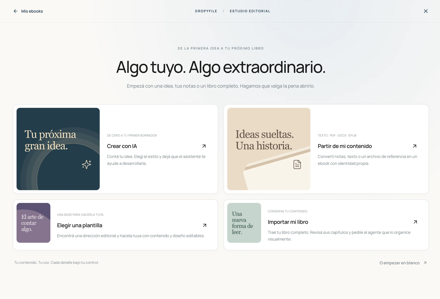 Estúdio editorial DropyFile: criar com IA, usar conteúdo próprio, escolher um modelo ou importar um livro