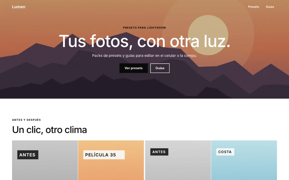 Design minimalista em preto e branco com fotos em tela cheia