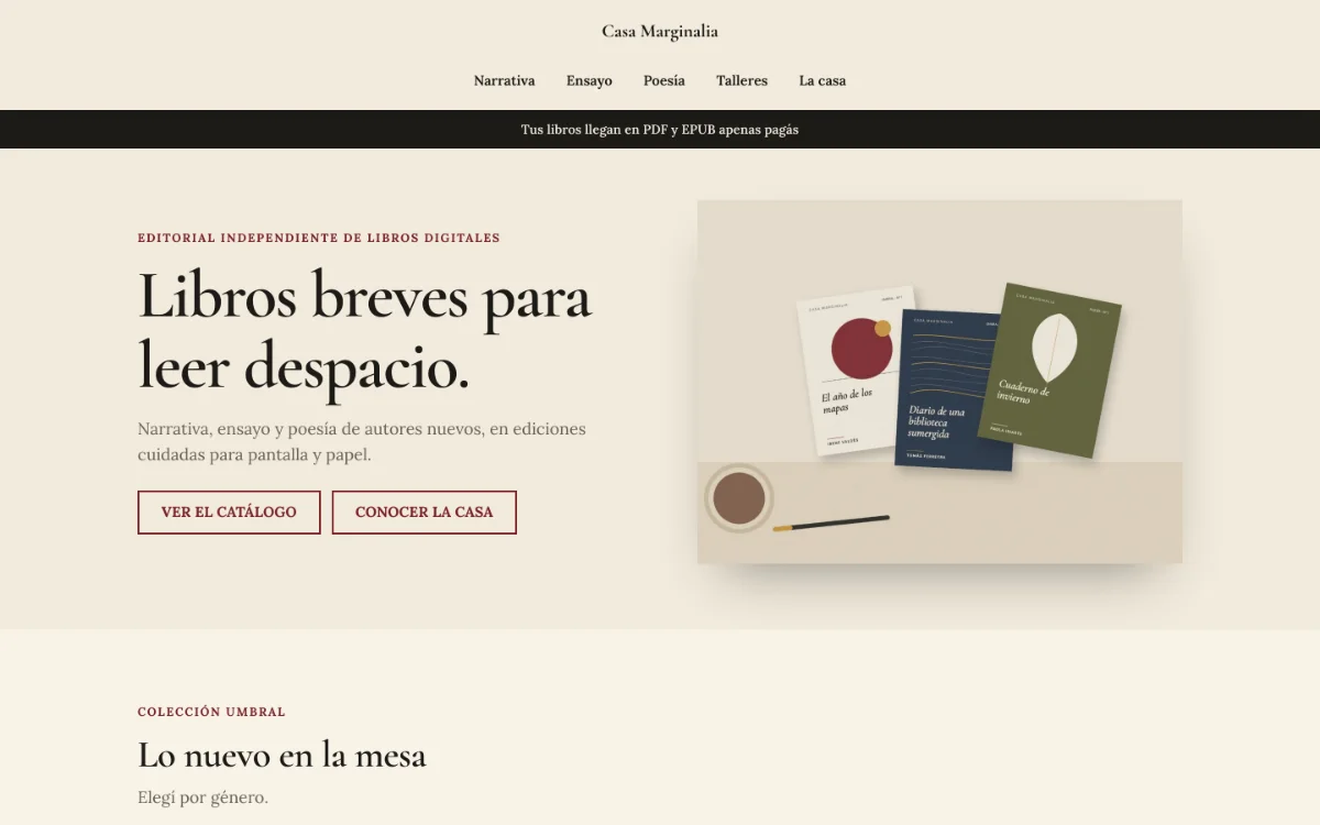 Design editorial em tons creme, com tipografia serifada