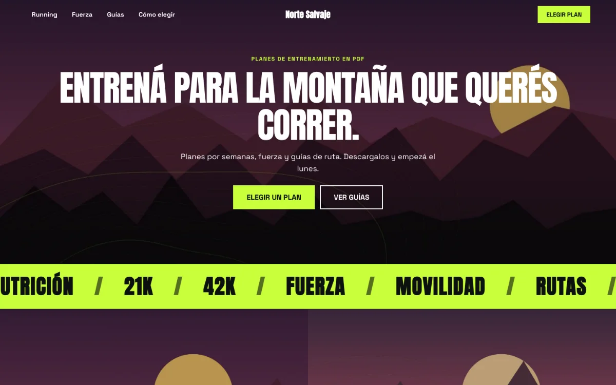 Design escuro com títulos em maiúsculas e uma faixa em movimento