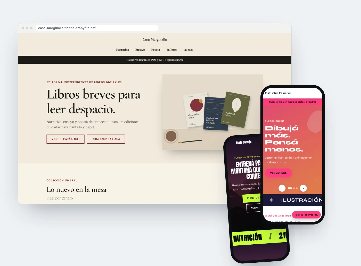 Um design de loja de exemplo em um computador e dois em celulares